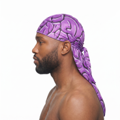 Purple Brains graphic Satin Silky Durag worn by male model, side profile showing fit and tail drape