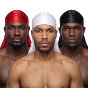 Premium Silk Durag Bundle Red - three models wearing Red, White and Black heavy silky durags