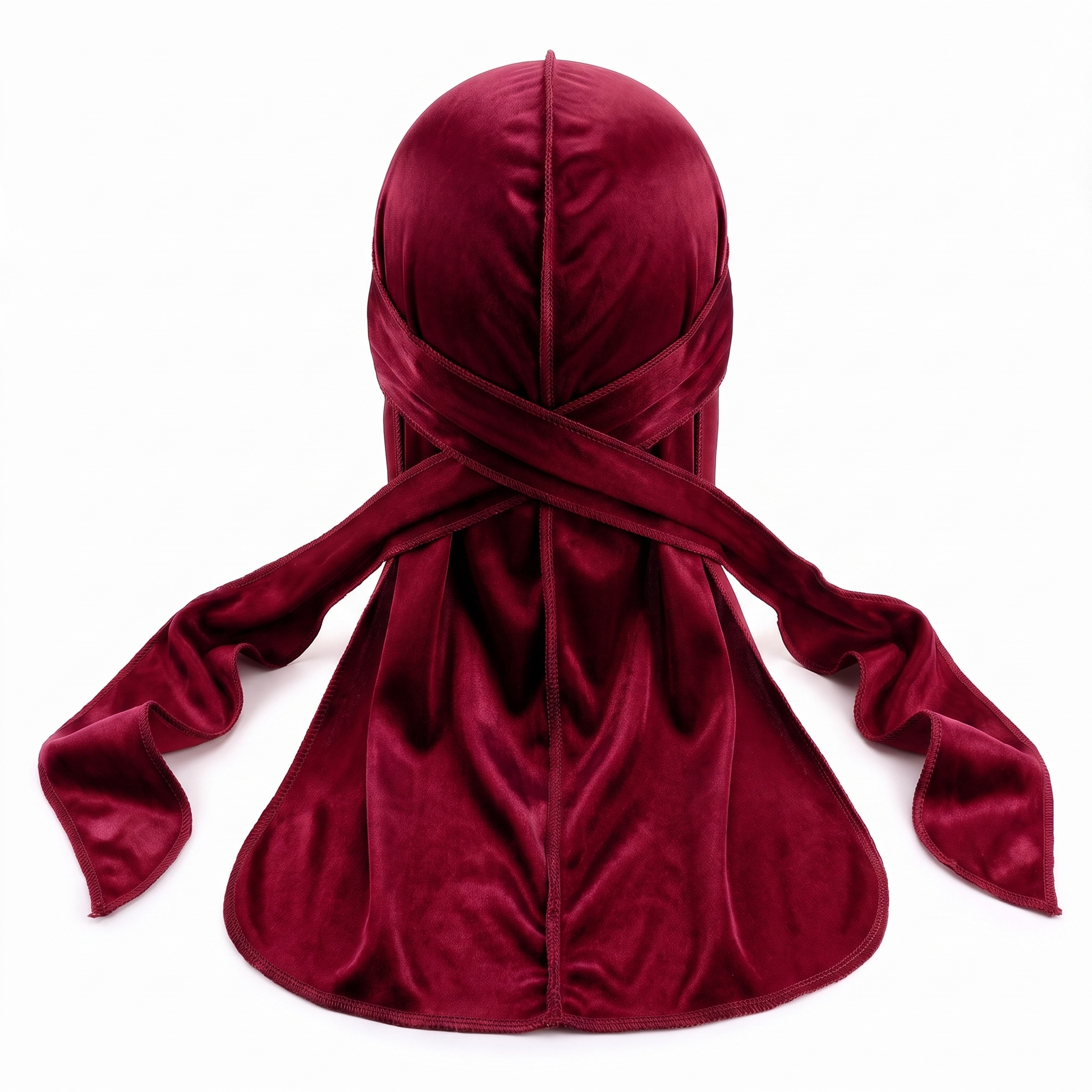 Premium Maroon Red Velvet Durag - premium velvet durag back view showing wrap straps, tail and stitching