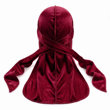 Premium Maroon Red Velvet Durag - premium velvet durag back view showing wrap straps, tail and stitching