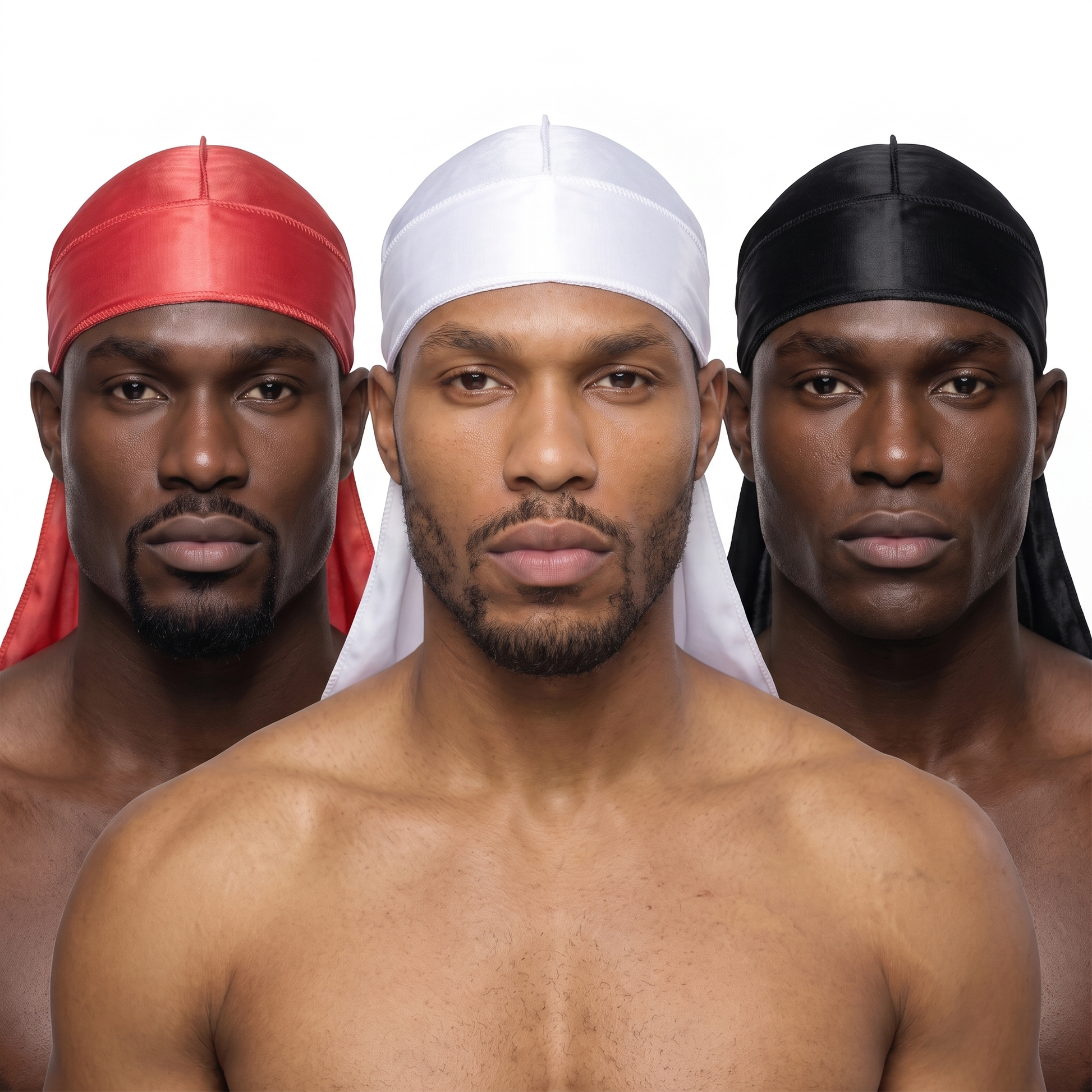 Premium Silk Durag Bundle Coral Red - three models wearing Coral Red, White and Black heavy silky durags