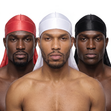Premium Silk Durag Bundle Coral Red - three models wearing Coral Red, White and Black heavy silky durags