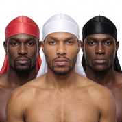 Premium Silk Durag Bundle Coral Red - three models wearing Coral Red, White and Black heavy silky durags