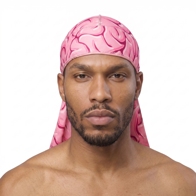 Pink Brains graphic Satin Silky Durag worn by male model, front view on white background