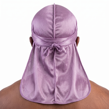 Premium Lavender Purple Silk Durag worn by male model, back view showing tied wrap and tail