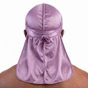 Premium Lavender Purple Silk Durag worn by male model, back view showing tied wrap and tail
