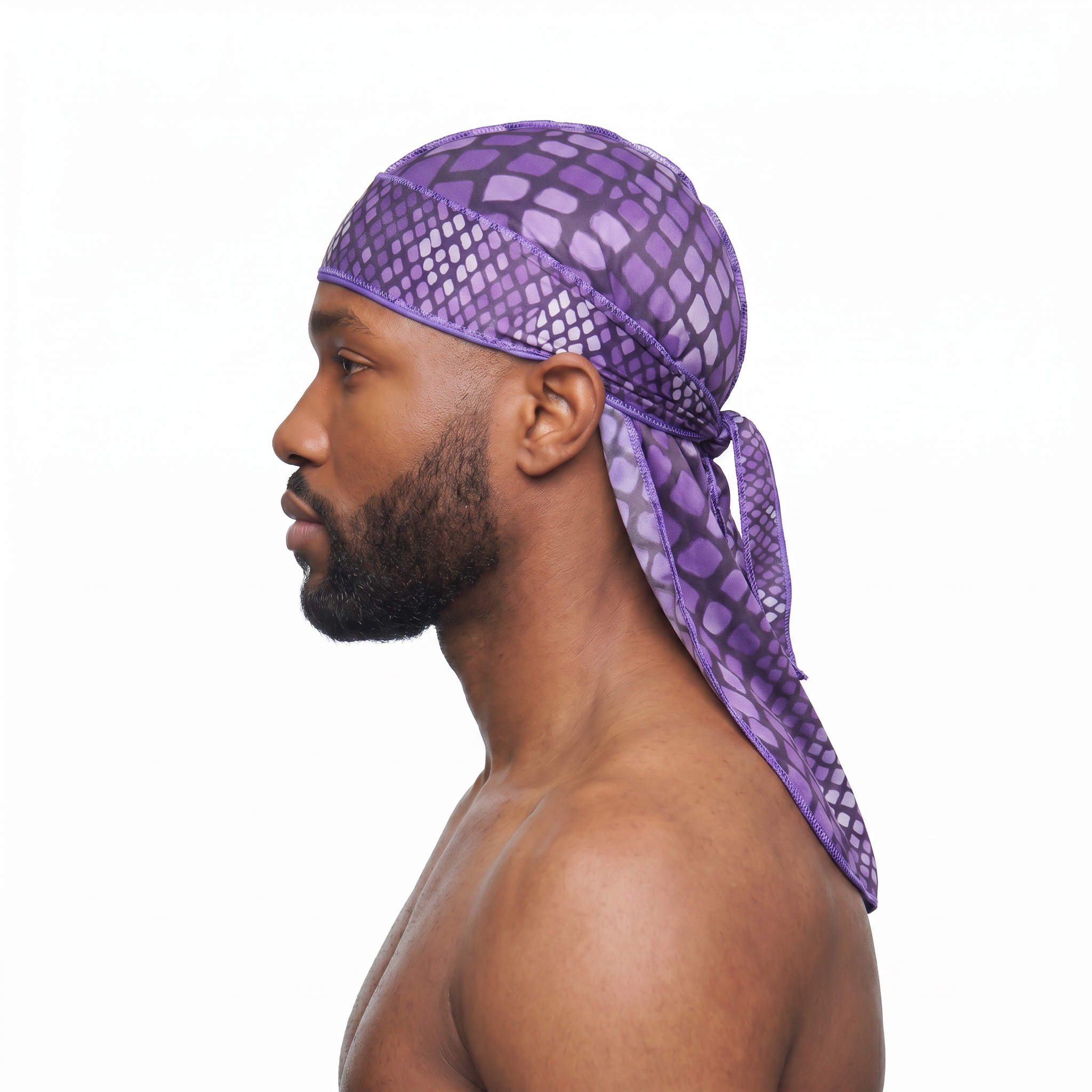 Purple reptile snakeskin Satin Silky Durag worn by male model, side profile showing fit and tail drape
