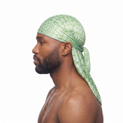 Green crocodile skin Satin Silky Durag worn by male model, side profile showing fit and tail drape