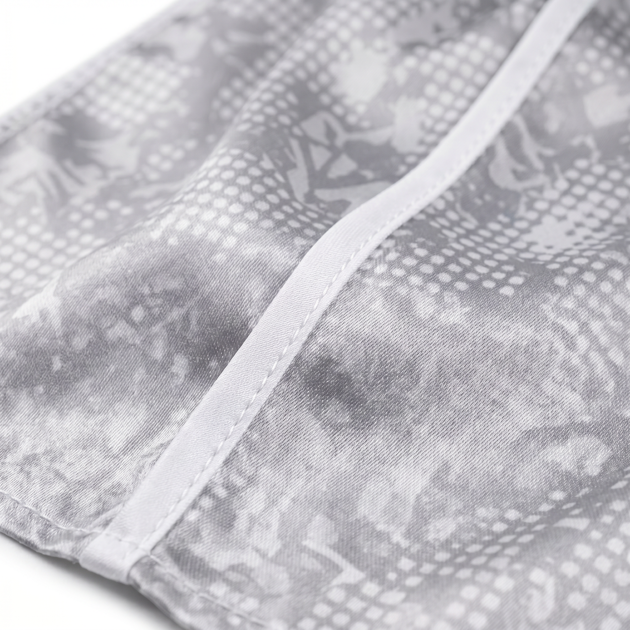 Digital Chameleon Ash pixel camo Satin Silky Durag fabric close-up showing Digital Chameleon Ash pixel camo print and stitching detail