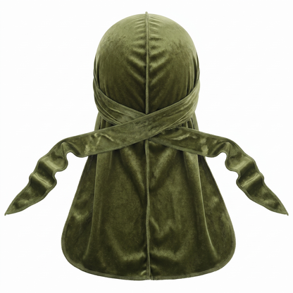 Premium Olive Green Velvet Durag - premium velvet durag back view showing wrap straps, tail and stitching