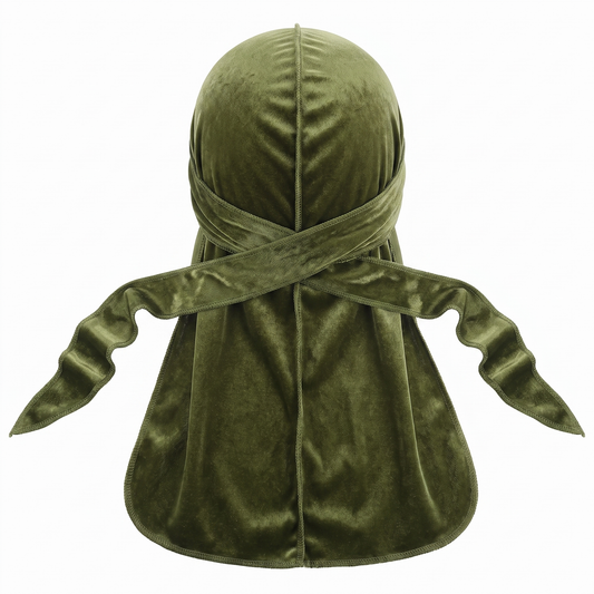 Premium Olive Green Velvet Durag - premium velvet durag back view showing wrap straps, tail and stitching