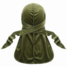 Premium Olive Green Velvet Durag - premium velvet durag back view showing wrap straps, tail and stitching