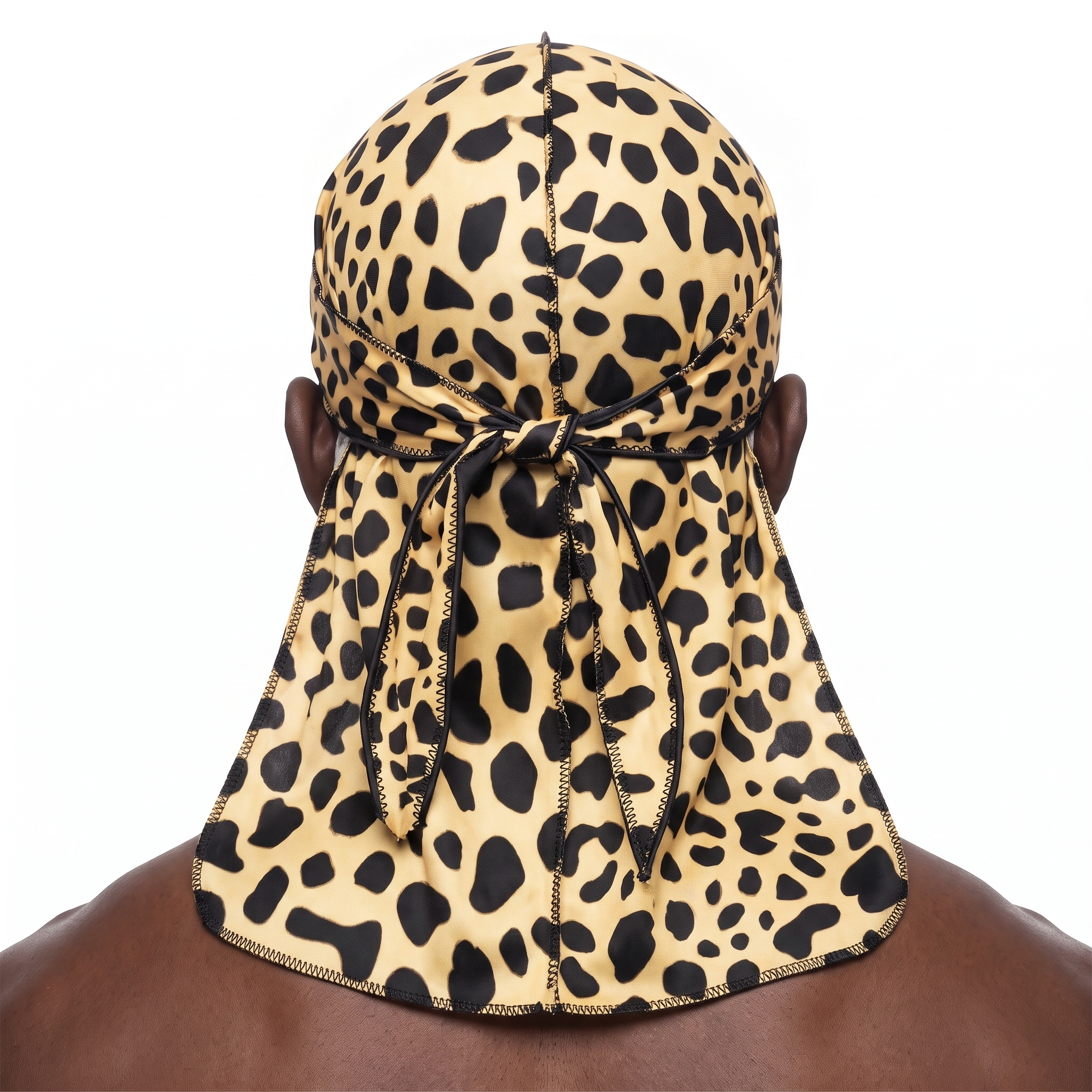 Cheetah spotted animal print Satin Silky Durag worn by male model, back view showing tied wrap and tail