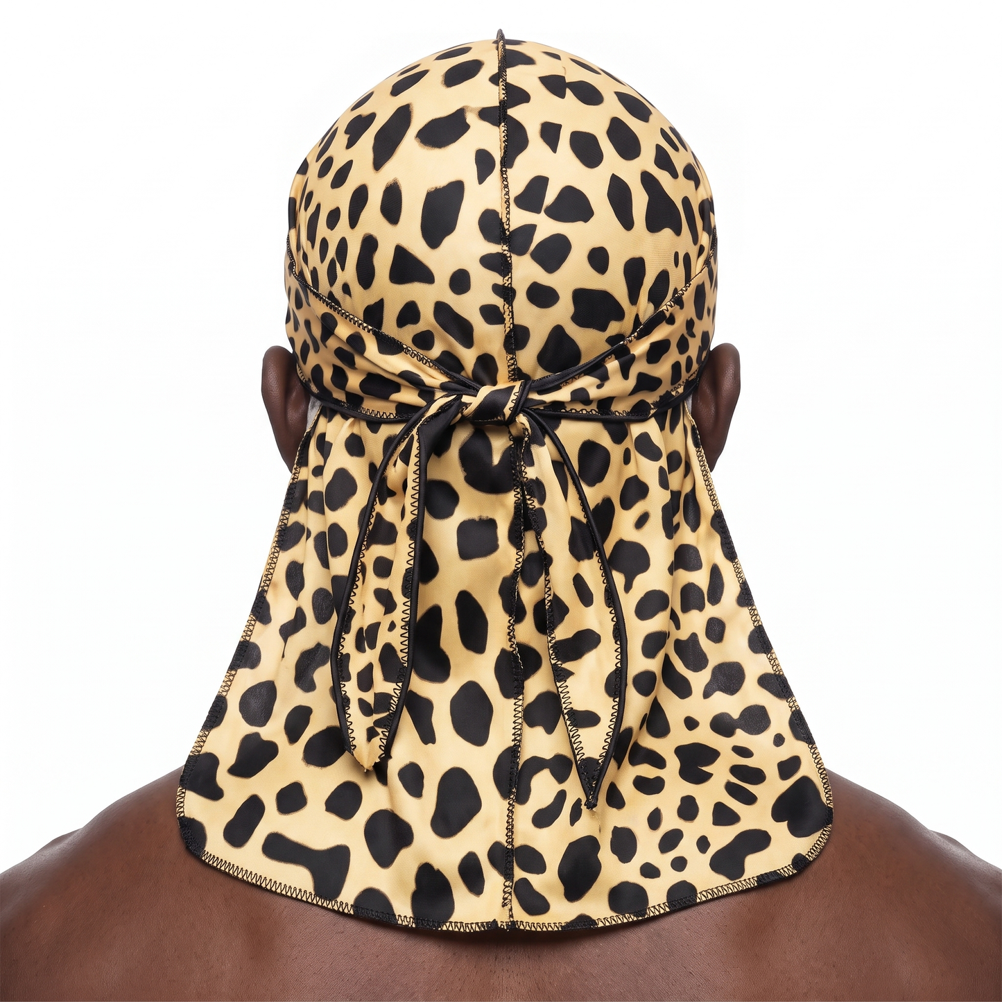 Cheetah spotted animal print Satin Silky Durag worn by male model, back view showing tied wrap and tail