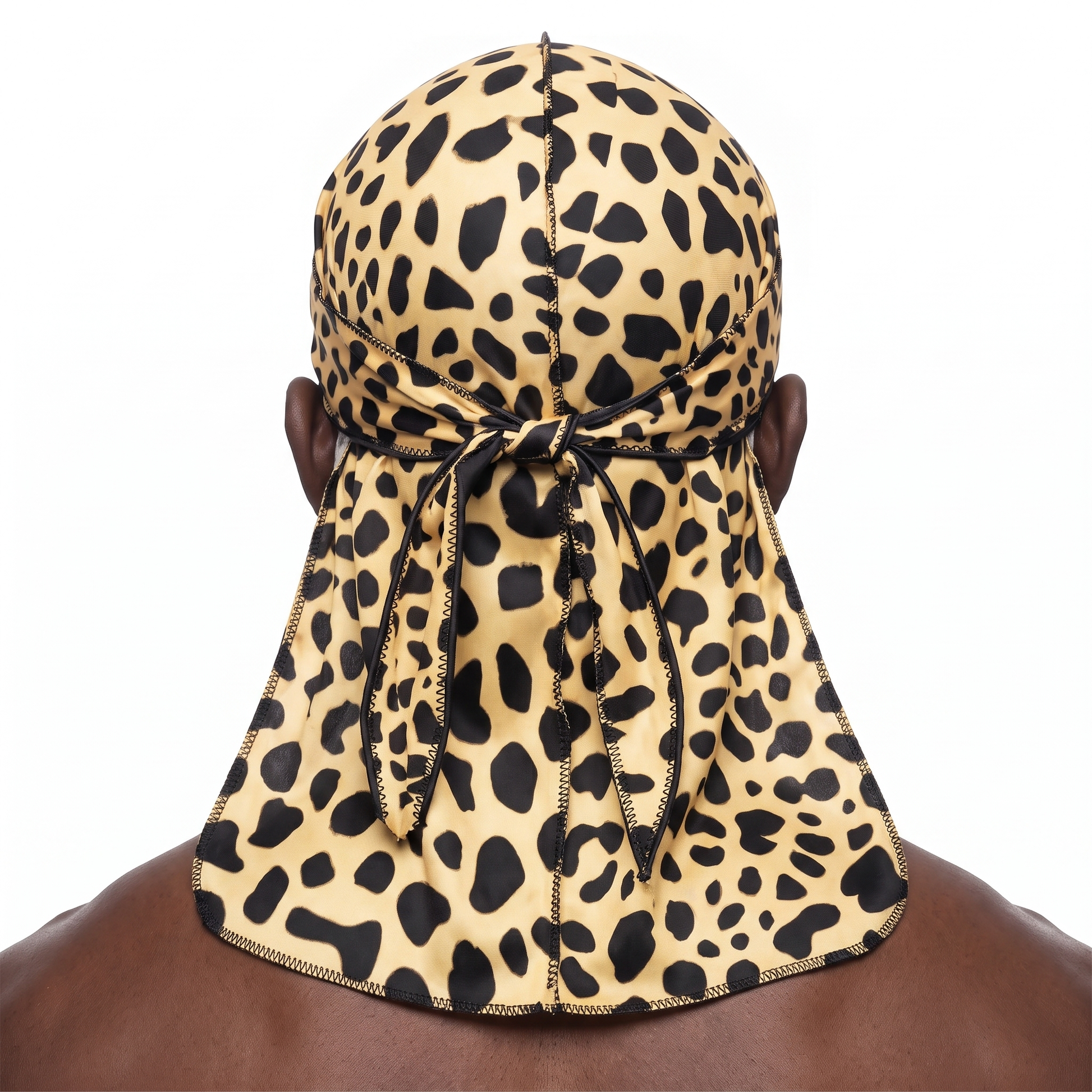 Cheetah spotted animal print Satin Silky Durag worn by male model, back view showing tied wrap and tail