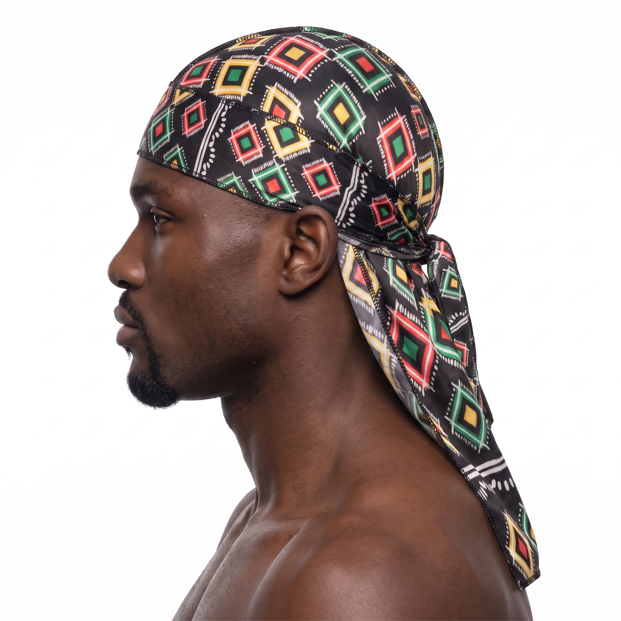 Juneteenth 2.0 red black and green Satin Silky Durag worn by male model, side profile showing fit and tail drape