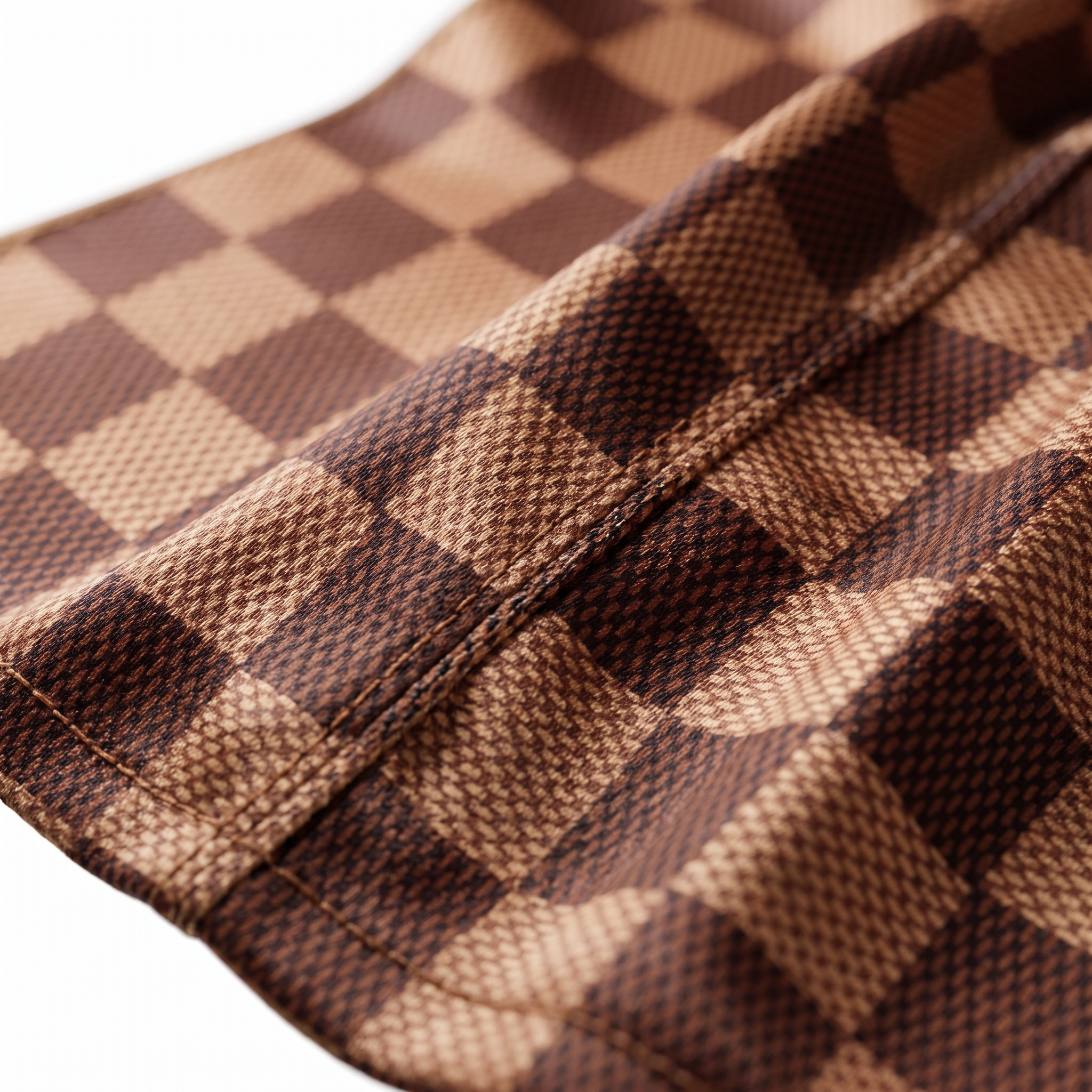 Checkered Brown Satin Silky Durag fabric close-up showing Checkered Brown print and stitching detail