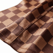 Checkered Brown Satin Silky Durag fabric close-up showing Checkered Brown print and stitching detail