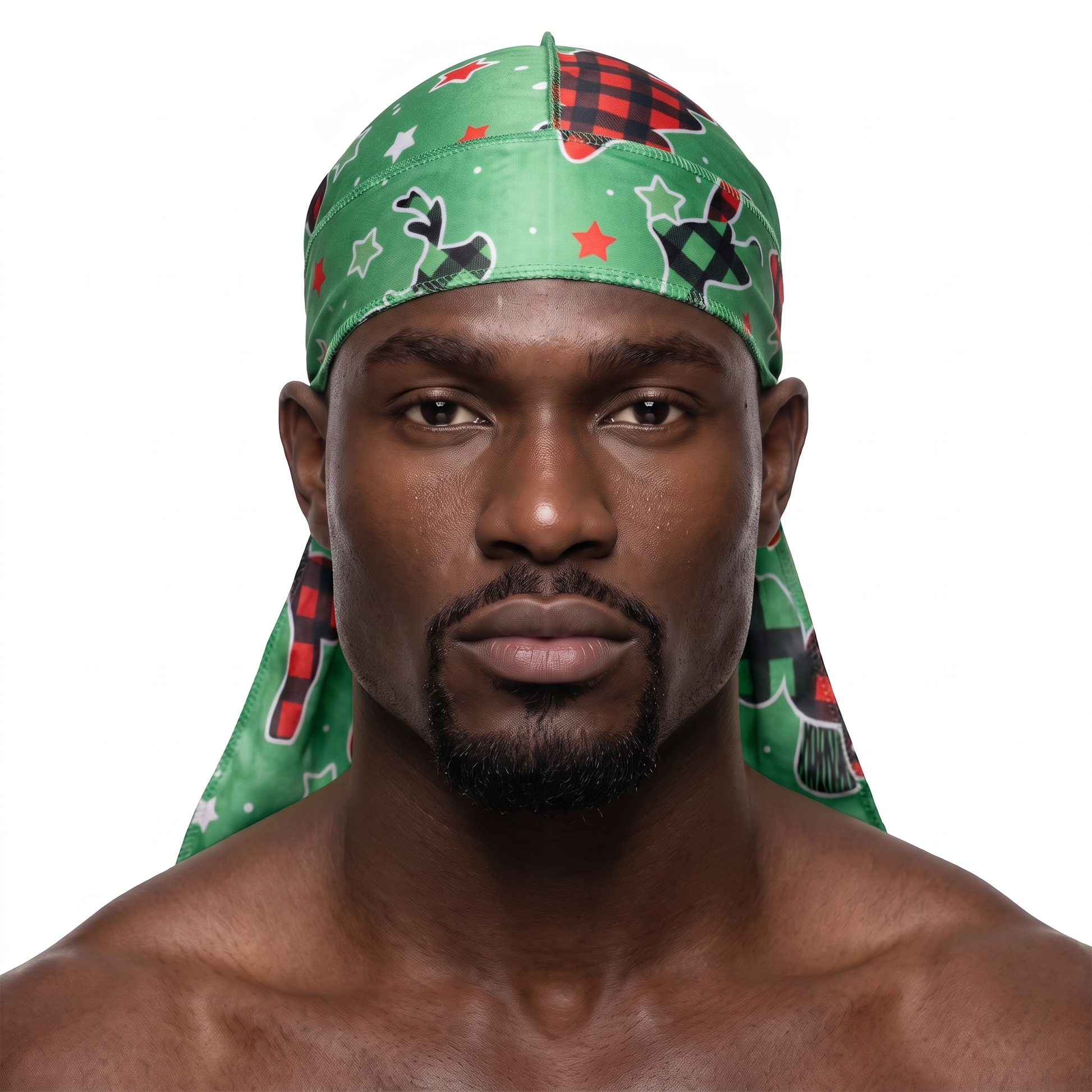 Christmas Time Green holiday Satin Silky Durag worn by male model, front view on white background