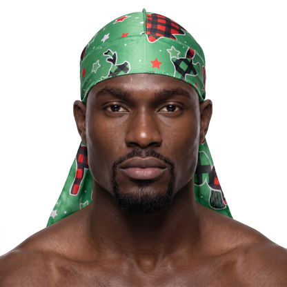 Christmas Time Green holiday Satin Silky Durag worn by male model, front view on white background