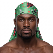 Christmas Time Green holiday Satin Silky Durag worn by male model, front view on white background
