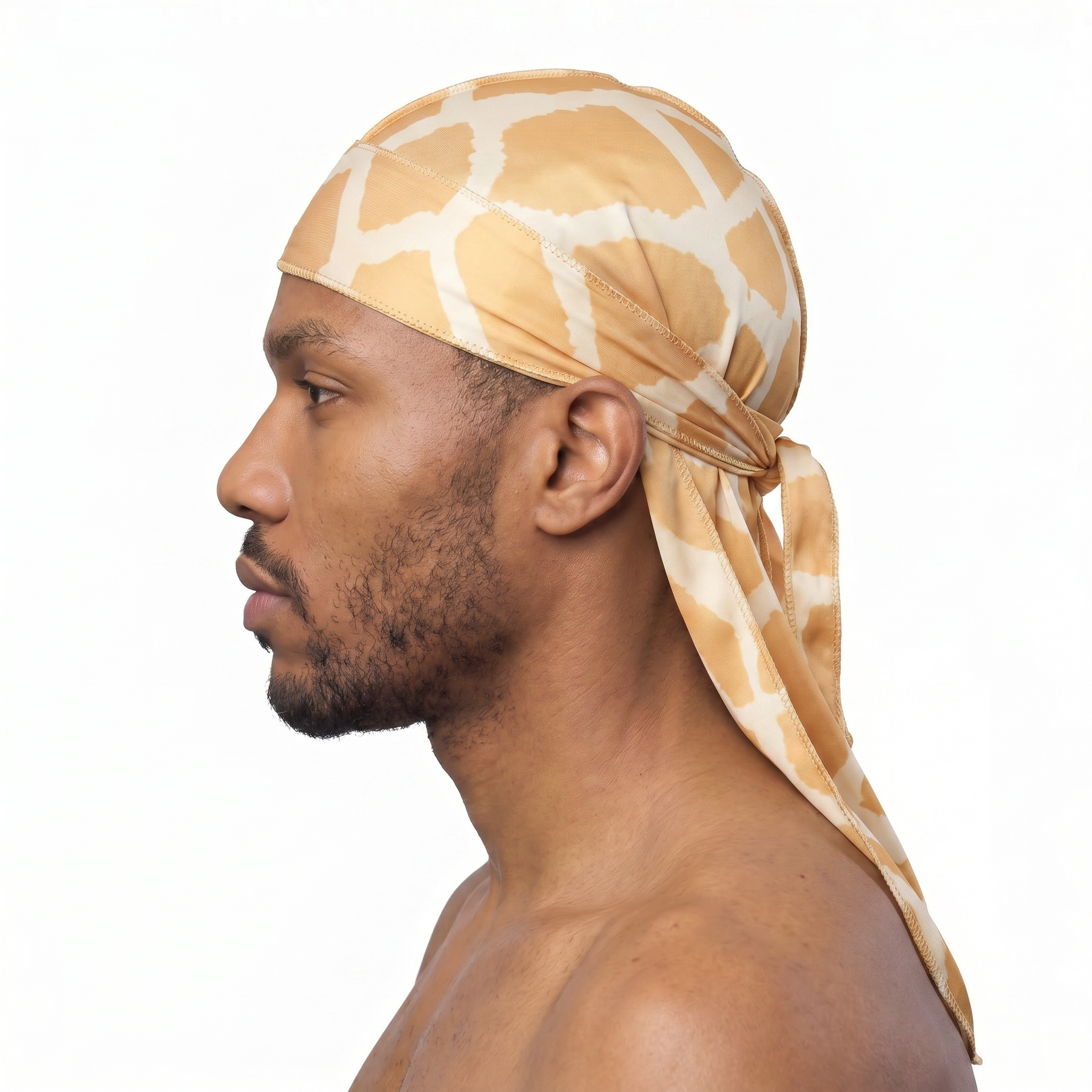 Giraffe animal print Satin Silky Durag worn by male model, side profile showing fit and tail drape