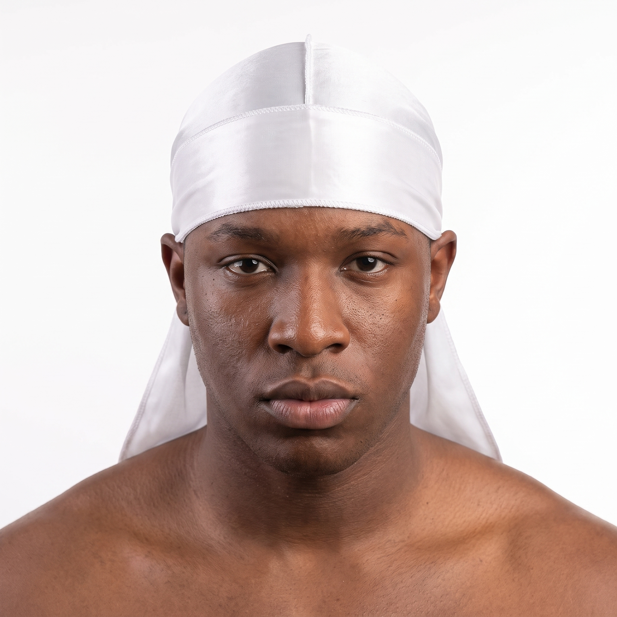 Premium White Silk Durag worn by male model, front view on white background