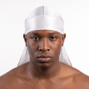 Premium White Silk Durag worn by male model, front view on white background