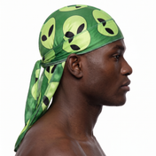 Alien Green graphic Satin Silky Durag worn by male model, side profile showing fit and tail drape