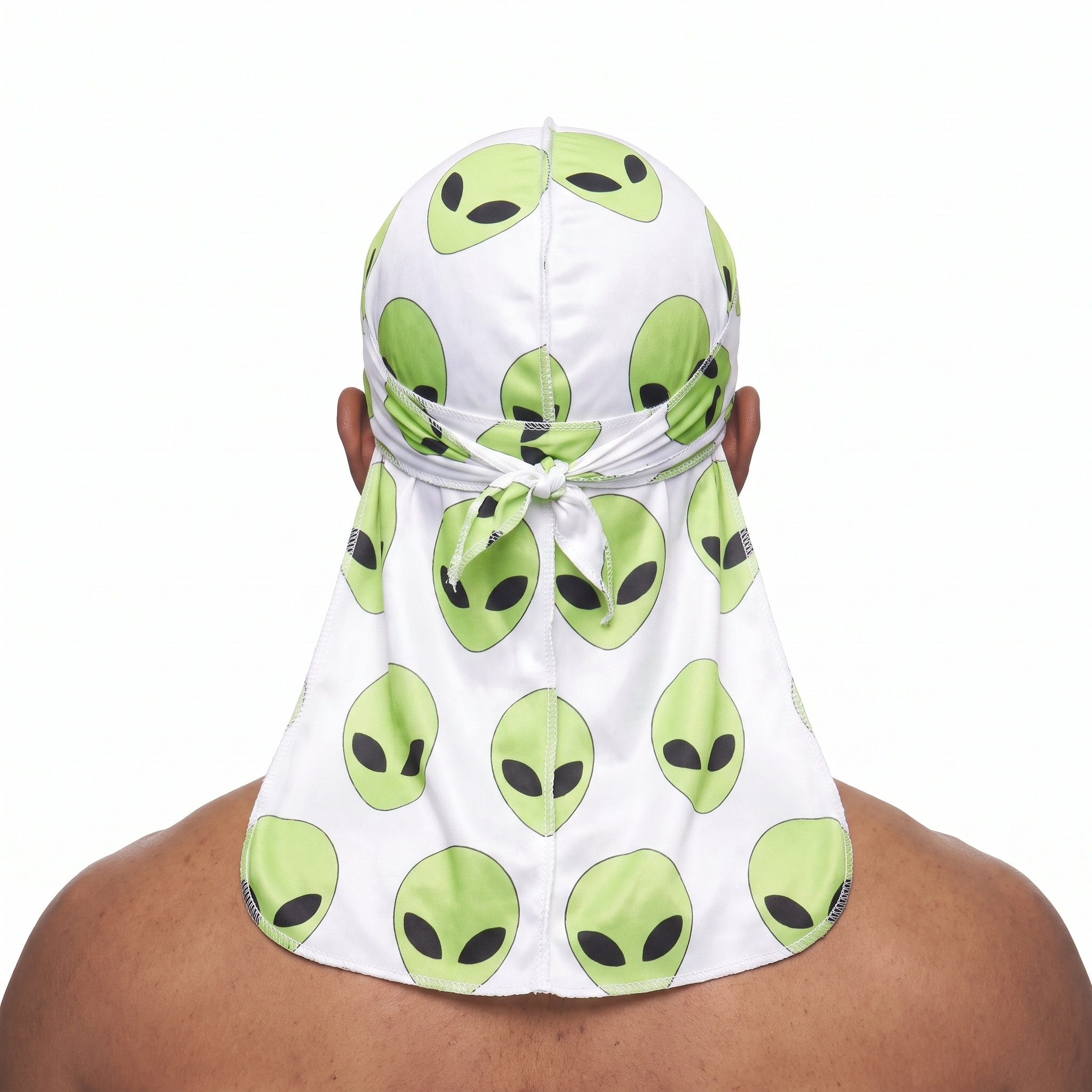 Alien White graphic Satin Silky Durag worn by male model, back view showing tied wrap and tail