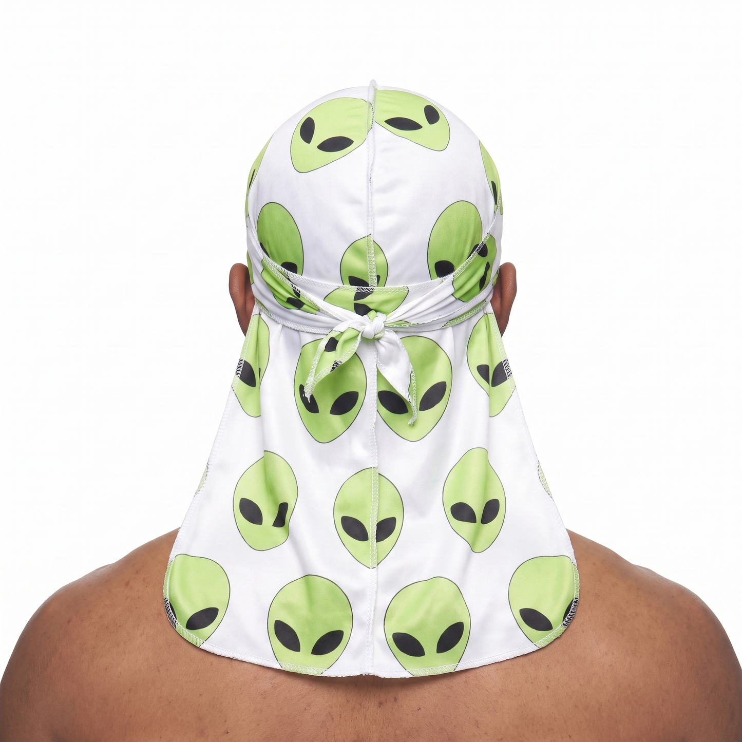 Alien White graphic Satin Silky Durag worn by male model, back view showing tied wrap and tail