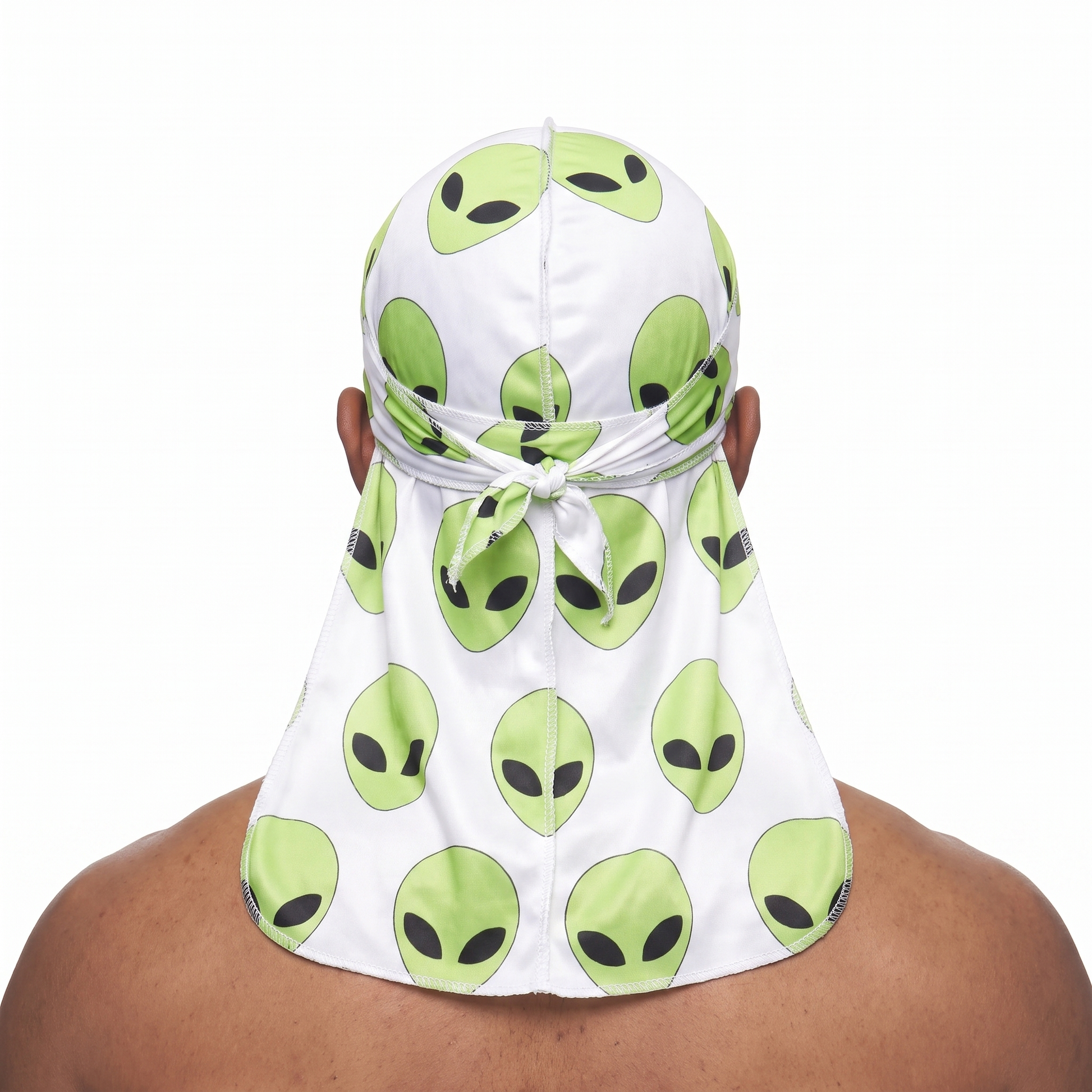 Alien White graphic Satin Silky Durag worn by male model, back view showing tied wrap and tail