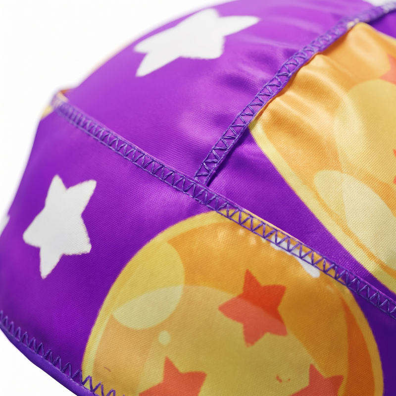Dragon Ball Z Purple Satin Silky Durag fabric close-up showing Dragon Ball Z Purple print and stitching detail