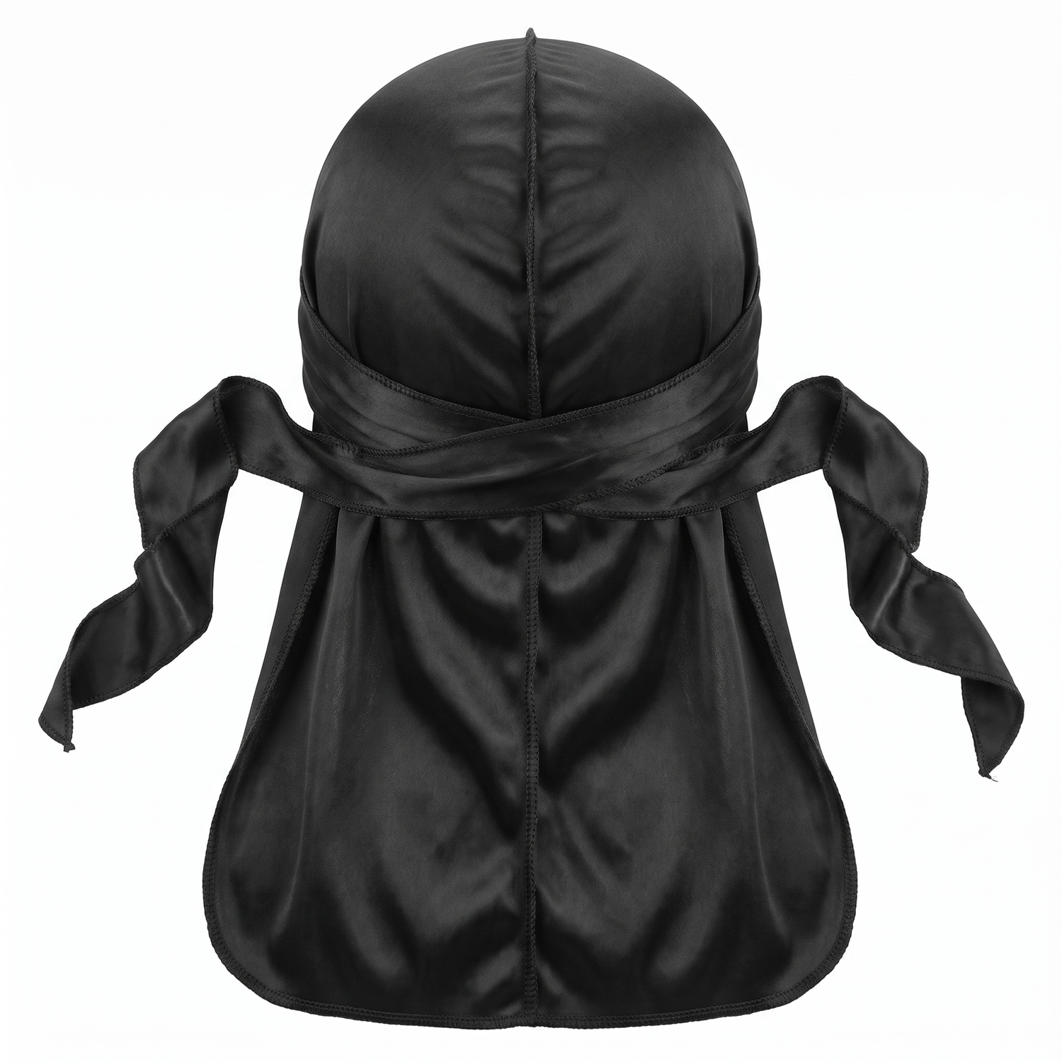 Premium Black Silk Durag - premium heavy silky durag back view showing wrap straps, tail and stitching