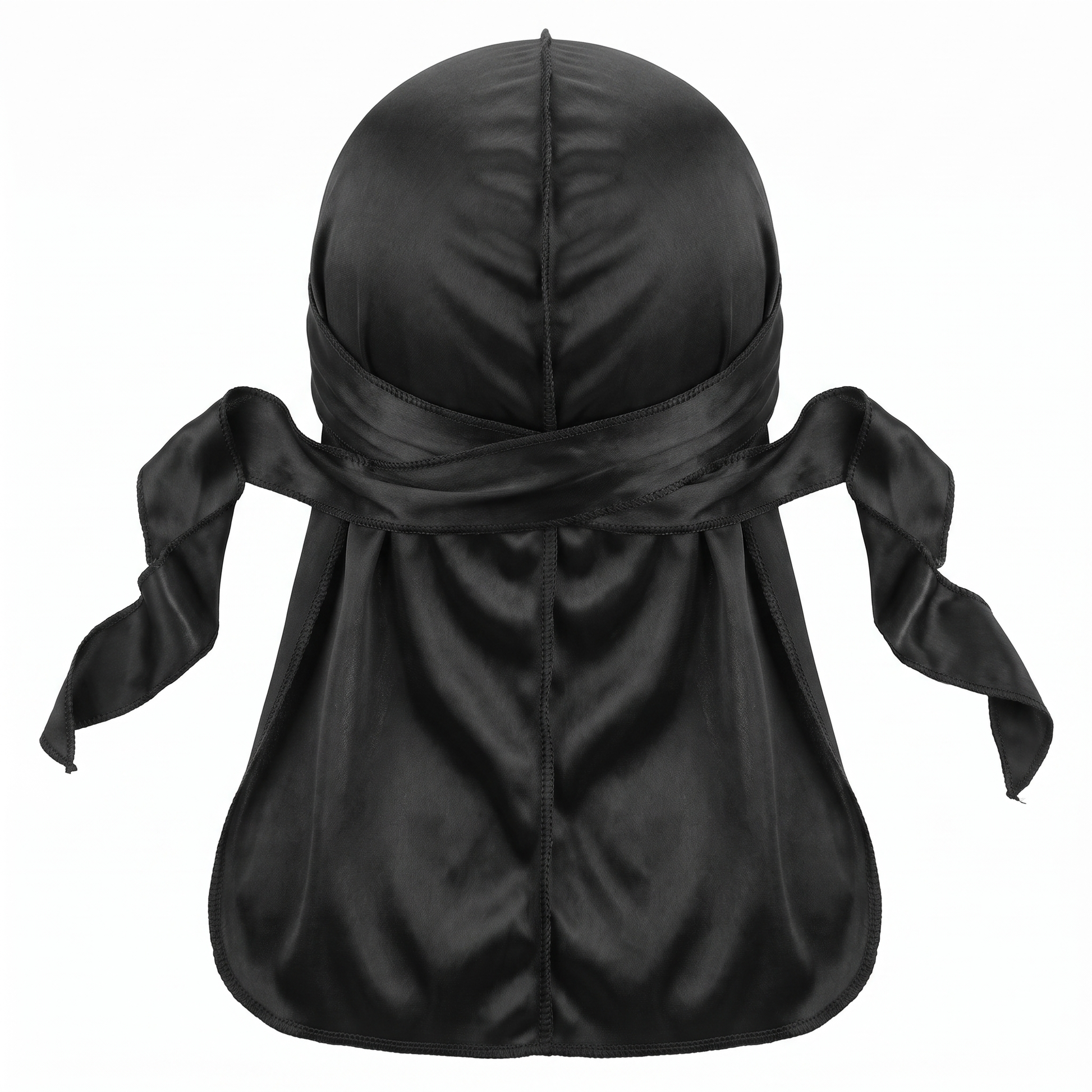 Premium Black Silk Durag - premium heavy silky durag back view showing wrap straps, tail and stitching