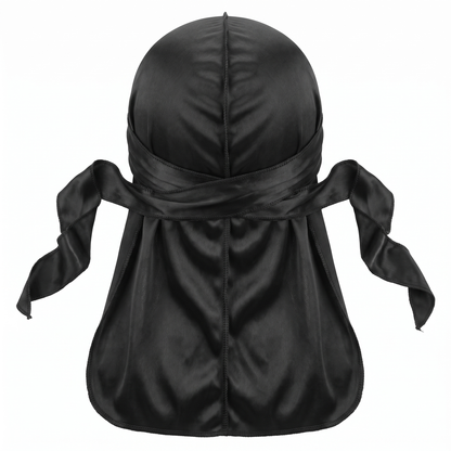 Premium Black Silk Durag - premium heavy silky durag back view showing wrap straps, tail and stitching