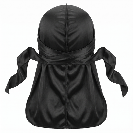 Premium Black Silk Durag - premium heavy silky durag back view showing wrap straps, tail and stitching