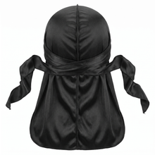 Premium Black Silk Durag - premium heavy silky durag back view showing wrap straps, tail and stitching
