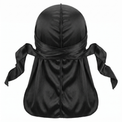 Premium Black Silk Durag - premium heavy silky durag back view showing wrap straps, tail and stitching