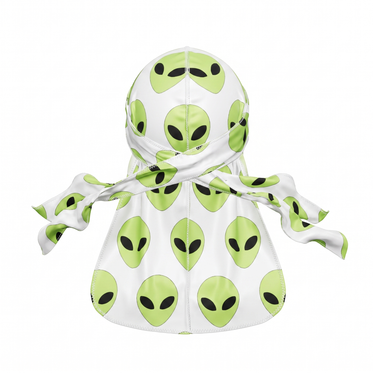 Alien White graphic Satin Silky Durag - premium silky durag back view showing wrap straps, tail and stitching