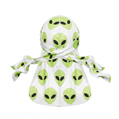 Alien White graphic Satin Silky Durag - premium silky durag back view showing wrap straps, tail and stitching
