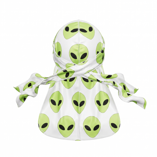 Alien White graphic Satin Silky Durag - premium silky durag back view showing wrap straps, tail and stitching
