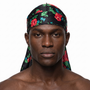 Red Retro Roses floral Satin Silky Durag worn by male model, front view on white background