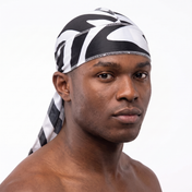 Zebra White animal print Satin Silky Durag worn by male model, front view on white background