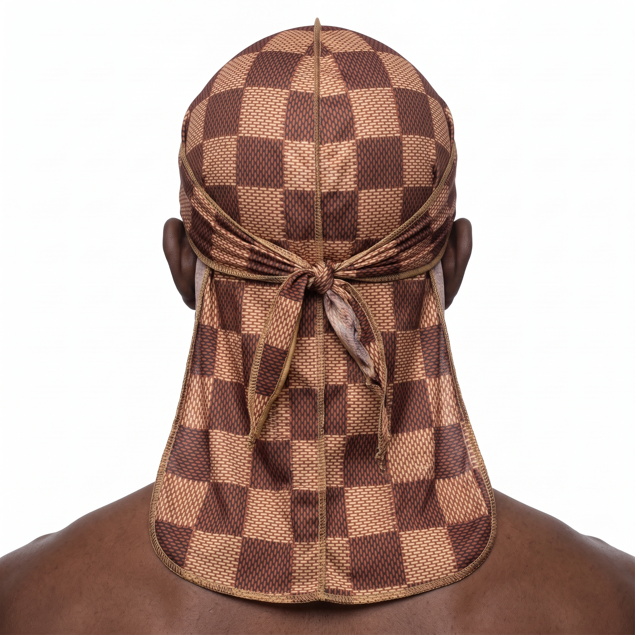 Checkered Brown Satin Silky Durag worn by male model, back view showing tied wrap and tail