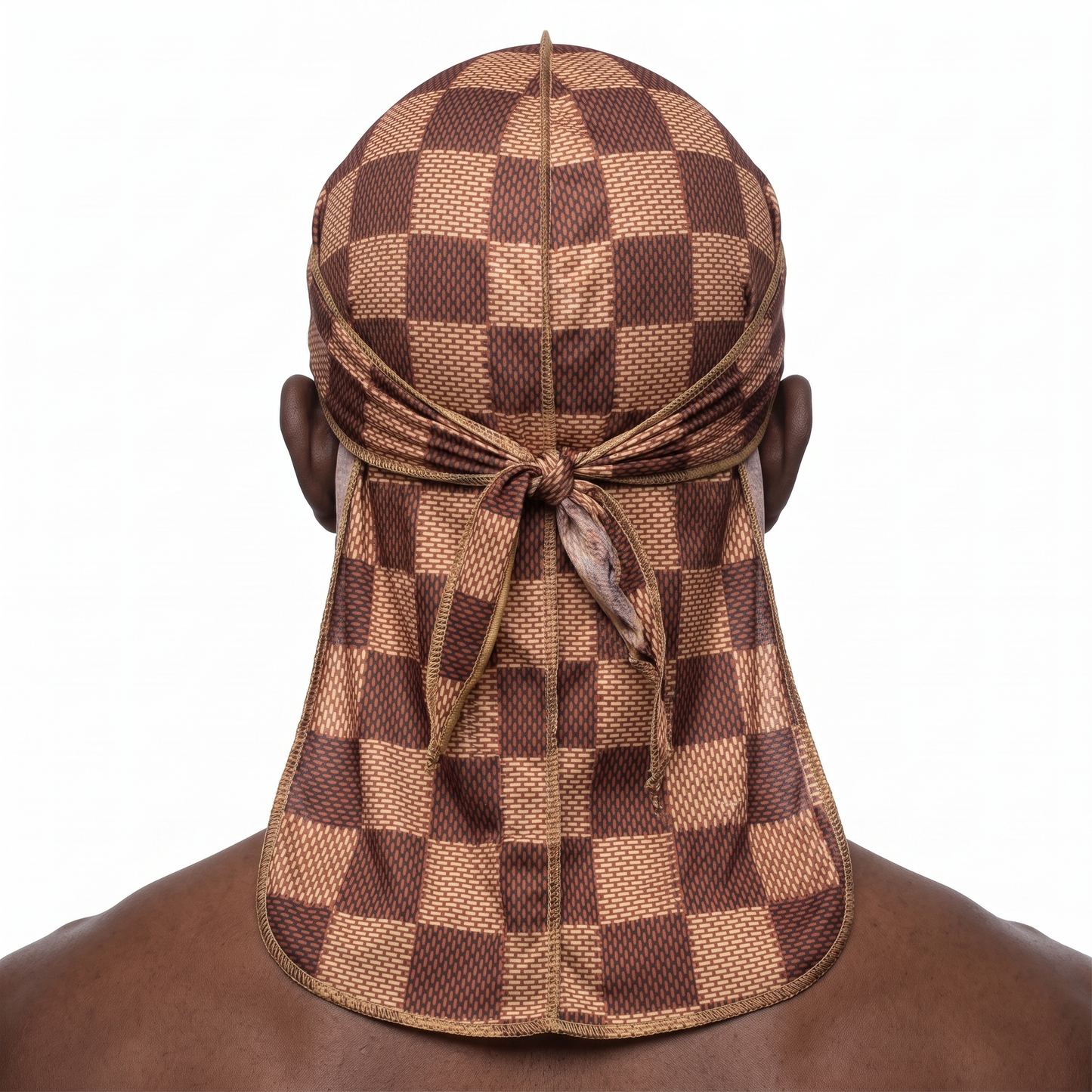 Checkered Brown Satin Silky Durag worn by male model, back view showing tied wrap and tail