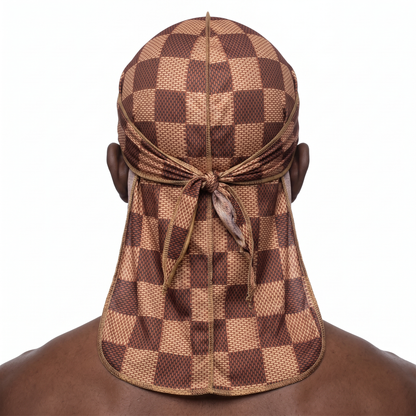 Checkered Brown Satin Silky Durag worn by male model, back view showing tied wrap and tail