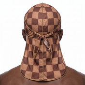 Checkered Brown Satin Silky Durag worn by male model, back view showing tied wrap and tail