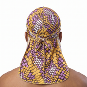 Yellow and Purple Mamba reptile snakeskin Satin Silky Durag worn by male model, back view showing tied wrap and tail