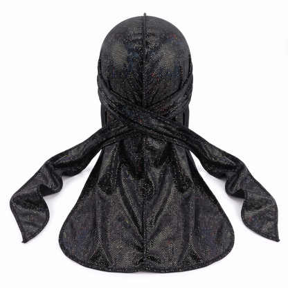 Premium Black Hologram Sparkle Velvet Durag - premium durag back view showing wrap straps, tail and stitching